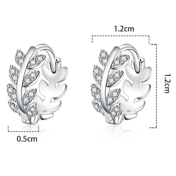 925 Sterling Silver Diamond Leaf Huggie Earrings Small Silver Hoop Earrings - Picture 3 of 3